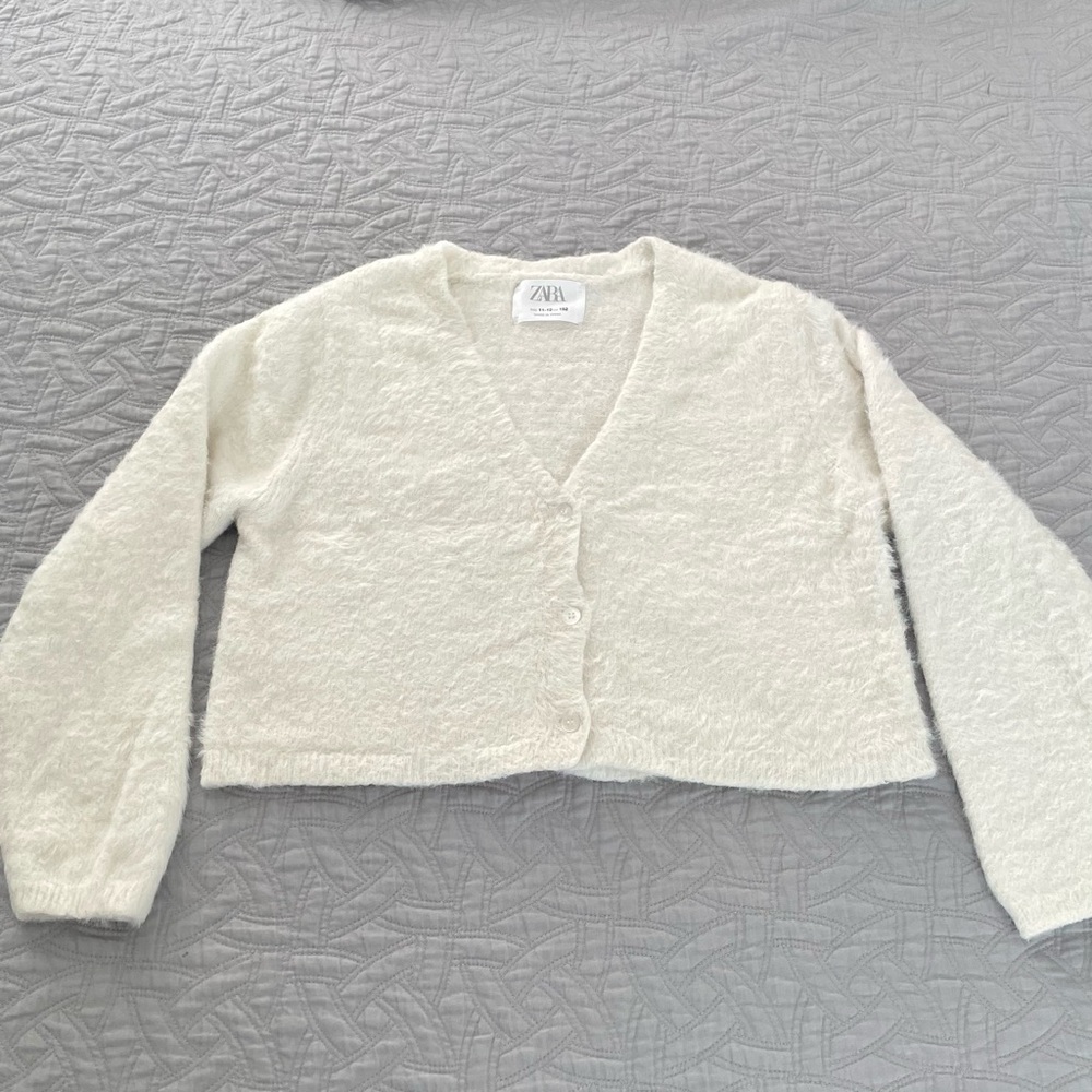 ZARA Girl’s Furry Cropped Cardigan Sweater Ivory Size 11/12